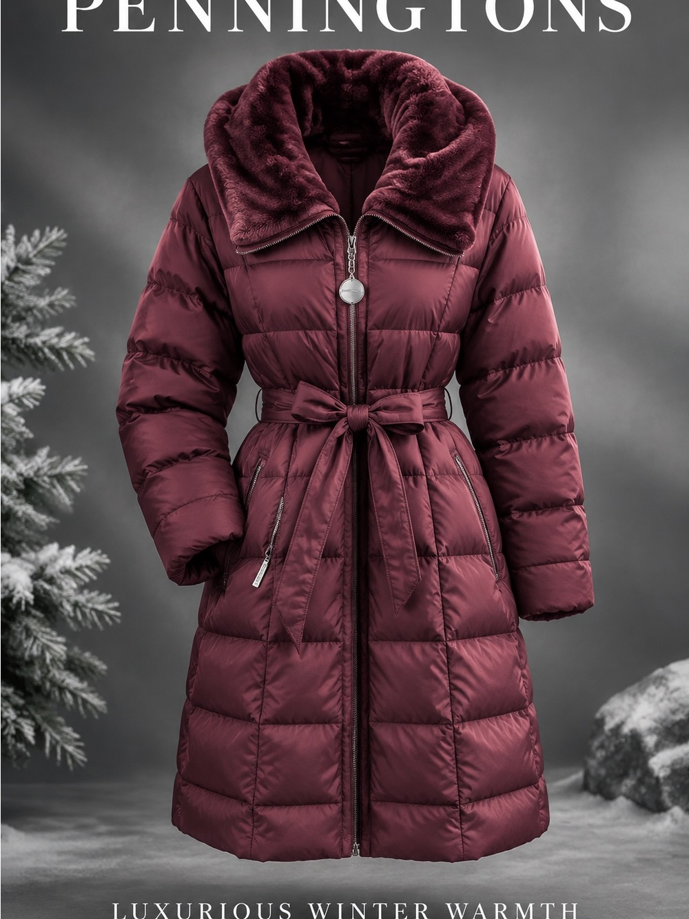 Penningtons Women's Wine Quilted Belted Puffer Coat with Faux-Fur Collar
